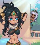  2girls arms_behind_head bangs black_hair blunt_bangs blush breasts cleavage closed_mouth dark-skinned_female dark_skin grass green_eyes grey_hair hair_ornament jewelry large_breasts league_of_legends long_hair mouth_hold multiple_girls navel necklace outdoors parted_bangs phantom_ix_row pout qiyana_(league_of_legends) shiny shiny_hair sideways_glance sivir stomach upper_body water 