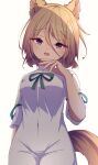  1girl animal_ear_fluff animal_ears bangs blush brown_hair darumoon dress eyebrows_visible_through_hair fox_ears fox_tail from_below hair_between_eyes highres kudamaki_tsukasa looking_at_viewer neck_ribbon open_mouth purple_eyes ribbon shirt short_sleeves simple_background solo tail touhou white_background 