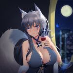  1girl absurdres alcohol animal_ears aricsphere1 azur_lane blue_butterfly blue_dress blue_eyes breasts bug butterfly choker cleavage dress fox_ears fox_tail highres large_breasts long_hair moon night shinano_(azur_lane) solo tail wine 