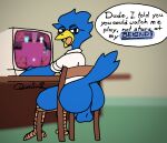  animal_genitalia anthro avian balls beak berdly big_butt bird bird_legs blue_body blue_feathers blue_tail blurred_background bottomless butt chair clothed clothing deltarune desk door eyewear feathered_tail feathers forest furniture gameplay genitals glasses hi_res human kris_(deltarune) looking_at_viewer male mammal plant queen_susie ralsei screen sheath shirt shirt_only solo speech_bubble star table text topwear topwear_only tree undertale_(series) video_games white_clothing white_shirt white_topwear yellow_beak 