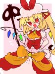  1girl adapted_costume ascot blonde_hair bow crystal fang flandre_scarlet frilled_shirt frilled_shirt_collar frilled_skirt frilled_sleeves frills hat hat_ribbon highres laevatein_(touhou) medium_hair midriff mob_cap navel one_side_up op_na_yarou puffy_short_sleeves puffy_sleeves red_bow red_eyes red_ribbon red_skirt red_vest ribbon shirt short_hair short_sleeves side_ponytail simple_background skirt solo touhou vest white_background white_headwear white_shirt white_skirt wings yellow_ascot 