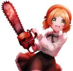  1girl beret black_skirt blonde_hair blush chainsaw d4dj english_commentary hat holding holding_chainsaw official_art open_mouth red_headwear shirt shirt_tucked_in short_hair skirt smile solo takeshita_miiko transparent_background twintails white_shirt 