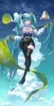  1girl aqua_eyes aqua_hair black_footwear boots breasts cloud covered_navel cumulonimbus_cloud day flag floating full_body gloves green_gloves hatsune_miku highres holding large_breasts long_hair long_sleeves looking_at_viewer night night_sky shirt shorts sky smile solo star_(sky) thigh_boots thighhighs tokkyu twintails very_long_hair vocaloid white_shirt 