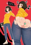  1girl absurdres ass black_hair blue_pants blush brown_eyes butt_plug denim english_commentary english_text from_behind hand_on_own_ass heart highres kawakami_sadayo mature_female multiple_views musical_note no_panties pants persona persona_5 presenting pumps pussy red_background sex_toy short_hair skindentation solo spread_ass striped striped_sweater sweat sweater torn_clothes torn_pants uncensored void_dot_exe yellow_sweater 