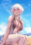  1girl beach bird bleach blue_sky blush breasts bunnyinlove cleavage cloud fingernails grey_swimsuit hand_on_own_chest highres horizon kotetsu_isane large_breasts long_fingernails looking_back navel open_mouth purple_eyes sand short_hair signature sky solo swimsuit thighs water wet white_hair 