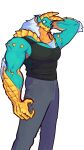  anthro blue_body capcom chest_tuft claws clothing exoskellet fanged_wyvern fur hand_behind_head hi_res looking_at_viewer male monster_hunter muscular muscular_anthro muscular_male shirt solo tank_top topwear tuft video_games white_body white_fur zinogre 
