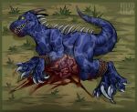  absurd_res bind blood blue_body bodily_fluids corpse death dinosaur dinosour dromaeosaurid gore grass guts hi_res horn kolkolukija lying male organs plant reptile rope scalie solo spikes spotty teeth theropod 