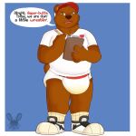  1:1 anthro belly big_belly biped bodily_fluids brown_body brown_ears brown_fur brown_head_tuft brown_nose brown_tail clothing diaper digital_media_(artwork) english_text footwear front_view fur genital_fluids glistening glistening_nose hat head_tuft headgear headwear hi_res holding_object holding_pen jaqrabbit_(artist) looking_at_viewer male mammal neck_tuft open_mouth orange_inner_ear overweight overweight_anthro overweight_male pen pink_tongue red_clothing red_hat red_headwear shirt shoes socks solo standing t-shirt teeth text tongue topwear tuft urine ursid watermark wearing_diaper wet_diaper wetting white_clothing white_diaper white_shirt white_t-shirt white_topwear 