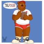  1:1 anthro belly big_belly biped bottomwear brown_body brown_ears brown_fur brown_head_tuft brown_nose brown_tail clothing digital_media_(artwork) english_text footwear front_view fur glistening glistening_nose hat head_tuft headgear headwear hi_res holding_object holding_pen jaqrabbit_(artist) looking_at_viewer male mammal neck_tuft open_mouth orange_inner_ear overweight overweight_anthro overweight_male pen pink_tongue red_bottomwear red_clothing red_hat red_headwear shirt shoes socks solo standing t-shirt teeth text tongue topwear tuft ursid watermark white_clothing white_shirt white_t-shirt white_topwear 
