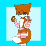  2_fingers anthro beverage blue_eyes blush brown_body brown_fur clothing coffee collar dcat07 domestic_cat felid feline felis fingers footwear fur girly gloves handwear hi_res humanoid male mammal panties pose socks solo stripes underwear 