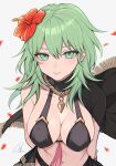  1girl arms_behind_back bangs banned_artist bare_shoulders bikini black_bikini black_cape breasts byleth_(fire_emblem) byleth_(fire_emblem)_(female) cape commentary fire_emblem fire_emblem:_three_houses fire_emblem_heroes flower green_eyes green_hair hair_between_eyes hair_flower hair_ornament hibiscus highres large_breasts long_hair looking_at_viewer navel red_flower shimizu_akina smile solo stomach swimsuit symbol-only_commentary upper_body 