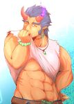  1boy abs bara bare_arms clothes_lift dark_blue_hair demon_boy demon_horns facial_hair fang fiery_horns forked_eyebrows highres horns large_pectorals long_sideburns looking_at_viewer male_focus mature_male muscular muscular_male navel navel_hair nipples pectorals scar scar_on_neck shirt_lift short_hair sideburns solo stomach stubble takemaru_(housamo) thick_eyebrows tokyo_afterschool_summoners topless_male tusks underpec uokka_(night_vmlr) upper_body 