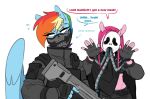  assault_rifle clothing dialogue earth_pony english_text equid equine fingerless_gloves friendship_is_magic gloves gun hair handwear hasbro hi_res horse mammal mask my_little_pony pegasus pink_hair pinkamena_(mlp) pinkie_pie_(mlp) pony rainbow_dash_(mlp) ranged_weapon redxbacon rifle scary_face simple_background text tubes weapon white_background wings 