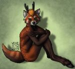  2015 ailurid anthro antlers biped black_antlers black_nose brown_body brown_ears brown_fur brown_tail cervid dated fur glistening glistening_eyes green_eyes hair horn hybrid male mammal markings neck_tuft orange_hair red_panda shadow short_hair side_view signature simple_background sitting skyelegs solo spots spotted_body spotted_fur striped_markings striped_tail stripes tail_markings tuft whiskers white_inner_ear 