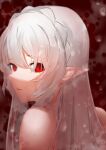  1girl absurdres ao_oni_(onioni-aoi) arknights bangs bare_shoulders braid commentary eyebrows_visible_through_hair highres long_hair looking_at_viewer looking_back parted_lips pointy_ears portrait red_background red_eyes silver_hair slit_pupils solo vampire warfarin_(arknights) 