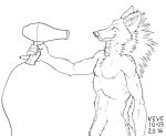  2016 5_fingers anthro athletic athletic_anthro athletic_male black_and_white canid canine cheek_tuft chest_tuft dated dryer facial_tuft fangs fingers hair_dryer inner_ear_fluff male mammal mane maned_wolf monochrome neck_tuft side_view signature skyelegs smile solo tuft 