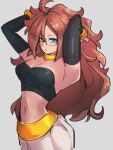  1girl android_21 bare_shoulders blue_eyes breasts cleavage dragon_ball dragon_ball_fighterz glasses grey_background hair_between_eyes kemachiku long_hair looking_at_viewer majin_android_21 medium_breasts midriff navel red_hair simple_background solo 