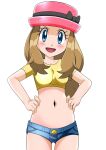  1girl blonde_hair blue_eyes blush breasts denim hainchu hat highres jeans long_hair looking_at_viewer micro_shorts navel open_mouth pants pokemon pokemon_(anime) pokemon_xy_(anime) serena_(pokemon) shorts simple_background smile solo white_background 