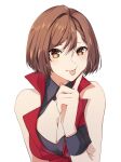  1girl :p absurdres brown_eyes brown_hair finger_to_cheek highres looking_at_viewer meiko short_hair sleeveless smile solo tongue tongue_out vocaloid white_background wrist_cuffs yen-mi 