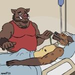  anthro beard bed clothing duo erection facial_hair furniture hospital_bed hyaenid loss lying lying_on_bed male mammal meme musclegut muscular muscular_male nanoff on_bed shirt spotted_hyena suarez_(nanoff) suid suina sus_(pig) tank_top topwear walter_(nanoff) wild_boar 