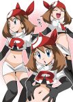  1girl bandana black_gloves blue_eyes breasts brown_hair cosplay elbow_gloves gloves hainchu jessie_(pokemon) jessie_(pokemon)_(cosplay) long_hair looking_at_viewer may_(pokemon) midriff multiple_views navel open_mouth pokemon pokemon_(anime) pokemon_rse_(anime) simple_background skirt smile solo team_rocket team_rocket_uniform thighhighs 