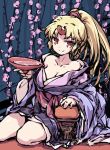  1girl bangs blue_kimono breasts cleavage closed_mouth cup eyebrows_visible_through_hair holding holding_cup horns hoshiguma_yuugi hoshiguma_yuugi_(promo) isu_(is88) japanese_clothes kimono long_hair looking_at_viewer official_alternate_costume oni_horns ponytail red_eyes red_horns sakazuki single_horn sitting smile solo star_(symbol) star_print touhou 