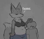  2022 anthro belly biped breasts canid canine cleavage clothed clothing digital_media_(artwork) duo english_text eyes_closed female fox grey_background human low_detail_friend_(zzx) male mammal navel punch simple_background slightly_chubby_anthro slightly_chubby_female text tongue tongue_out trisha_fox_(zzx) zzx 
