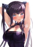  1girl armpits arms_up backlighting bangs black_hair blue_eyes blush breasts cleavage collar collared_dress dress eyebrows_visible_through_hair fate/grand_order fate_(series) hair_ornament long_hair looking_at_viewer noe_(noe_emk) open_mouth presenting_armpit shiny shiny_hair signature simple_background sleeveless smile steam sweat twintails white_background yang_guifei_(fate) 