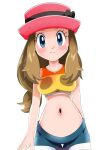  1girl blonde_hair blue_eyes boots breasts denim eyewear_on_headwear full_body hainchu hat highres jeans long_hair navel one_eye_closed open_mouth pants pokemon pokemon_(anime) pokemon_xy_(anime) serena_(pokemon) simple_background smile solo sunglasses white-framed_eyewear white_background 