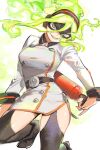  1girl akiyama_youkou black_legwear black_mask boku_no_hero_academia breasts burnin_(boku_no_hero_academia) domino_mask eyebrows_visible_through_mask fiery_hair fire_extinguisher gradient_hair green_eyes green_hair grin highres looking_at_viewer mask multicolored_hair parted_lips smile solo 