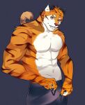  anthro clothing fangs felid looking_at_viewer lvul male mammal muscular muscular_anthro muscular_male pantherine solo tiger 