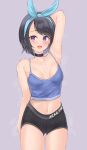  1girl absurdres arm_at_side arm_behind_head arm_up armpits bangs black_hair black_shorts blue_ribbon blue_tank_top breasts character_request cleavage copyright_request eyebrows_visible_through_hair gym_shorts hair_ribbon highres medium_breasts navel open_mouth parfait_ehmy purple_background purple_eyes ribbon short_hair shorts simple_background steam steaming_body stomach sweat tank_top thighs 