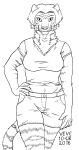  2016 anthro black_and_white bottomwear button_(fastener) cheek_tuft clothing dated facial_tuft felid female fur glistening glistening_eyes hair hand_on_hip hi_res looking_at_viewer mammal markings monochrome navel neck_tuft pantherine signature skyelegs solo striped_arms striped_body striped_fur striped_legs striped_markings striped_tail stripes tail_markings tiger topwear tuft 