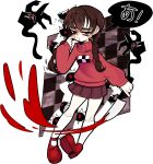  absurdres belenfanyaoi black_hands blood brown_hair disembodied_limb dress extra_eyes highres madotsuki pink_shirt purple_dress rocket_launcher rpg shirt weapon yandere yume_nikki 