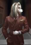  1boy adjusting_clothes aggressive_retsuko artist_name brown_suit dog formal furrholic furry furry_male glassses hand_in_pocket himuro_(aggressive_retsuko) indoors looking_to_the_side male_focus pocket_square solo standing suit watch white_hair wristwatch 