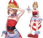  1girl arm_up armpits bangle bangs bare_shoulders blonde_hair blue_eyes blush bracelet breasts cleavage collarbone dress hair_between_eyes hair_ornament hand_on_forehead highres irida_(pokemon) jewelry looking_at_viewer open_mouth pokemon pokemon_(game) pokemon_legends:_arceus red_dress red_footwear sash shoes shorts sidelocks sleeveless sorian66 strapless strapless_dress sweat thighs wiping_forehead wiping_sweat 