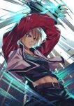 1boy arms_up battle belt blonde_hair denim energy eyebrows_visible_through_hair fatal_fury fighting_stance fingerless_gloves garou:_mark_of_the_wolves gloves glowing glowing_eyes highres incoming_attack jacket jeans open_mouth pants red_eyes rock_howard teeth the_king_of_fighters toned yupill 