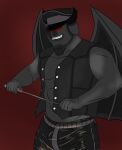  bdsm black_body black_horn bovid bulge caprine ches96 clothing demon goat hat headgear headwear hi_res horn jacket male mammal red_eyes satan_(tboi) smile solo the_binding_of_isaac_(series) topwear video_games wings 