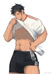  1boy abs bara black_hair black_shorts bulge clothes_lift dark-skinned_male dark_skin feet_out_of_frame highres large_pectorals laserbiubiu leg_hair lifted_by_self long_sideburns looking_at_viewer male_focus mature_male muscular muscular_male navel navel_hair nipples original pectorals see-through shiny shiny_skin shirt shirt_lift short_hair shorts shorts_lift sideburns solo stomach thick_thighs thighs underpec wet wet_clothes wet_shirt white_shirt 