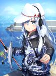  1girl blue_jacket blue_sky camouflage camouflage_jacket cloud day earmuffs fish fishing fishing_hook fishing_line fishing_rod flat_cap fusou_(fuso0205) hammer_and_sickle hat hibiki_(kancolle) highres holding holding_fishing_rod jacket kantai_collection long_sleeves ocean official_alternate_costume outdoors pier saury silver_hair sky smile solo star_(symbol) verniy_(kancolle) white_headwear 