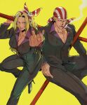  1boy 1girl bandana billy_kane blonde_hair breasts cigarette dual_persona fatal_fury formal genderswap genderswap_(mtf) hand_in_pocket highres long_hair middle_finger mojyavoltage6 mouth_hold pretty_billy_kane smoke smoking suit the_king_of_fighters the_king_of_fighters_all-stars three_section_staff 