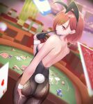  1girl animal_ears ass back back-seamed_legwear bangs bare_shoulders biting black_gloves black_legwear black_leotard blurry blurry_background breasts card casino casino_card_table commentary_request dutch_angle fake_animal_ears fake_tail fishnet_legwear fishnets glove_biting glove_in_mouth gloves hair_ornament hairclip heart highres higuchi_madoka idolmaster idolmaster_shiny_colors indoors leotard light_purple_eyes looking_at_viewer looking_back mole mole_under_eye mouth_hold pantyhose playboy_bunny playing_card rabbit_ears rabbit_tail red_hair seamed_legwear short_hair sideboob small_breasts solo strapless strapless_leotard sunvinegar swept_bangs tail wrist_cuffs 