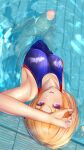  1girl arm_on_head armpits bangs blonde_hair blue_swimsuit blush breasts character_request collarbone commentary_request copyright_request highres in_water looking_at_viewer medium_breasts one-piece_swimsuit open_mouth pool purple_eyes short_hair solo sunvinegar swimsuit upside-down water wet wet_hair 