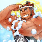  1boy bara black_hair blue_background bubble dark-skinned_male dark_skin ei_(marutendon) facial_hair fang fang_out foam goatee gradient gradient_background hachimaki halo headband highres looking_at_viewer male_focus mature_male multicolored_hair muscular muscular_male nipple_slip nipples pectorals red_eyes red_hair sarutahiko_(housamo) short_hair sideburns smile solo thick_eyebrows tokyo_afterschool_summoners two-tone_hair we_can_do_it! 