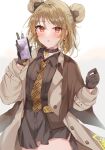 1girl bangs black_gloves brown_coat brown_necktie coat collar collared_shirt commission double_bun earrings girls&#039;_frontline gloves highres holding holding_phone jewelry light_brown_hair long_sleeves looking_at_viewer maruro necktie open_mouth p90_(girls&#039;_frontline) phone red_eyes shirt short_hair single_earring skeb_commission solo standing white_background 