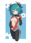  aria_rin blue_eyes blue_hair breasts commission highres indie_virtual_youtuber mecha_pilot medium_breasts midriff_peek original outuber peeking_out plugsuit short_twintails skeb_commission smile sweatdrop twintails zipper_pull_tab 