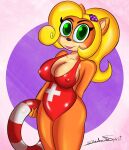  accessory activision anthro bandicoot big_breasts breasts cleavage clothed clothing coco_bandicoot crash_bandicoot_(series) female flower flower_in_hair hair hair_accessory hand_behind_back hi_res huge_breasts lifeguard looking_at_viewer mammal marsupial nipple_outline one-piece_swimsuit plant shadowthespirit simple_background smile solo swimwear video_games 