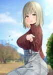  1girl absurdres bench blurry blurry_background breasts bush cloud cloudy_sky dating day dress eyebrows_visible_through_hair hair_between_eyes highres light_brown_eyes light_brown_hair nagi_aoi open_mouth original park park_bench pov_dating shiny shiny_hair sky smile solo sunlight sweater turtleneck turtleneck_sweater 