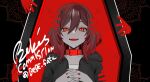  1girl absurdres bebe_pp black_nails brown_hair character_request coffin collar commission copyright_request eyelashes heart heart-shaped_pupils highres hood hooded_jacket jacket looking_at_viewer red_eyes red_nails skeb_commission solo symbol-shaped_pupils 