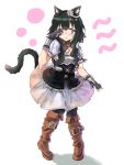  1girl animal_ears armor belt belt_boots black_fur black_gloves black_hair black_legwear black_tail blue_eyes blush body_armor boots breastplate bright_pupils brown_belt brown_choker brown_footwear cat_ears cat_girl cat_tail choker cowboy_boots dress earrings eyebrows_visible_through_hair fingerless_gloves fran_(tensei_shitara_ken_deshita) full_body gloves hair_between_eyes hand_up jewelry knee_boots leather leather_belt leather_boots light_blush long_hair one_eye_closed parted_lips puffy_sleeves shadow short_sleeves simple_background sorairo_(pixiv_29404031) standing tail tensei_shitara_ken_deshita thighhighs white_background white_dress white_pupils 